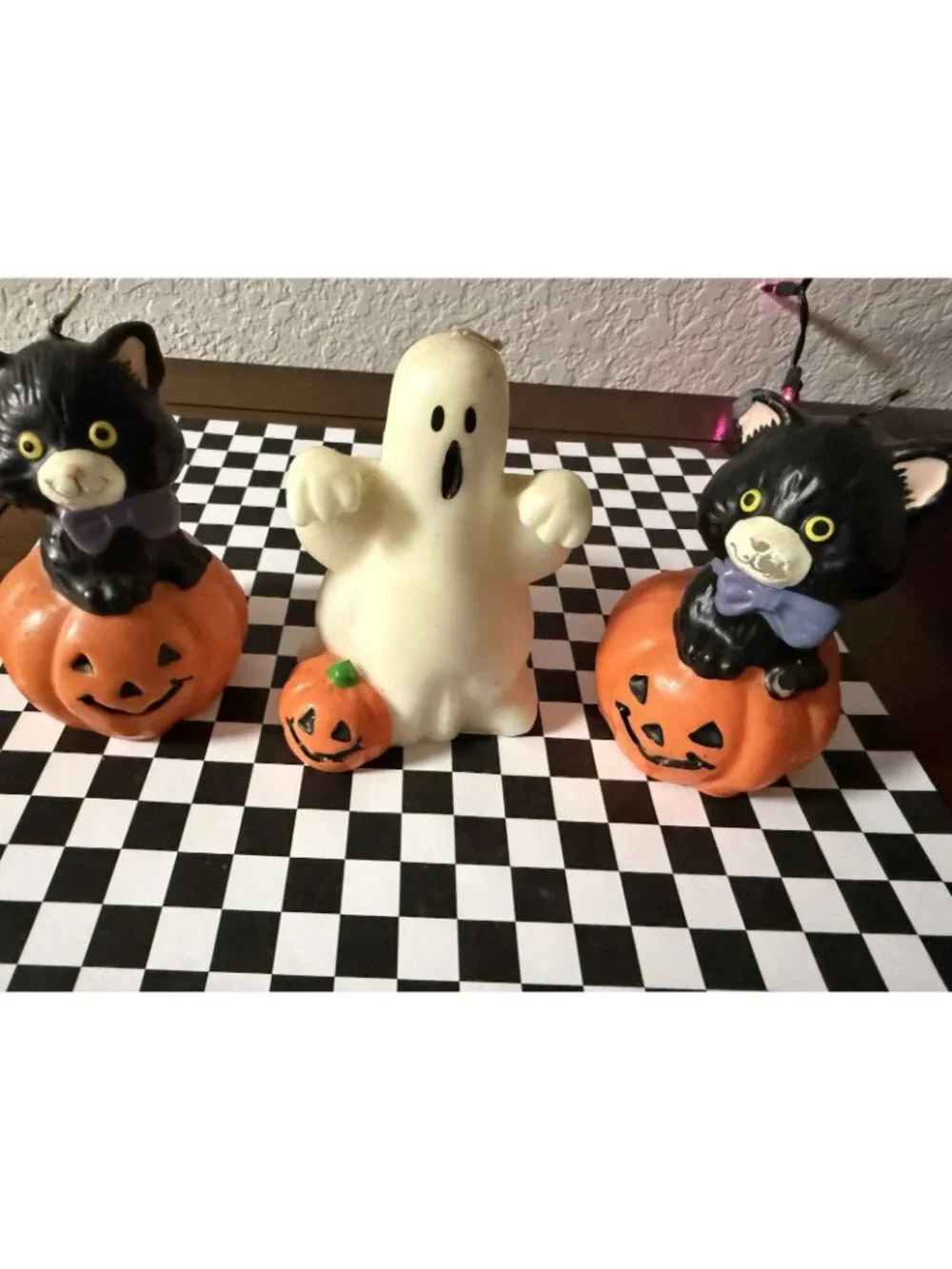 3 Vintage Halloween Candles Black Cats In Pumpkin Ghost Retro Table Top Mantel